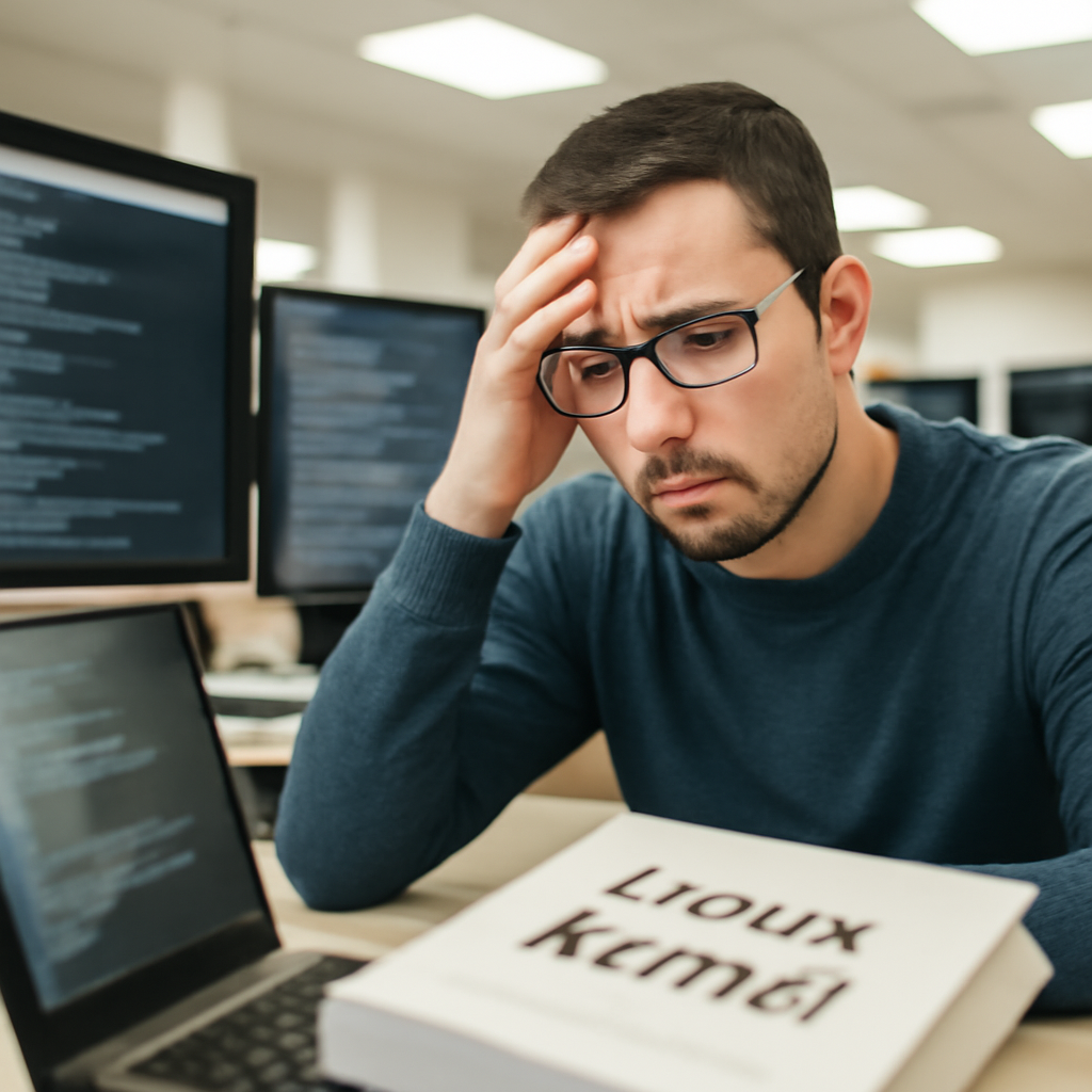 Cybersecurity professional appears overwhelmed amidst multiple computer screens and Linux kernel documentation.