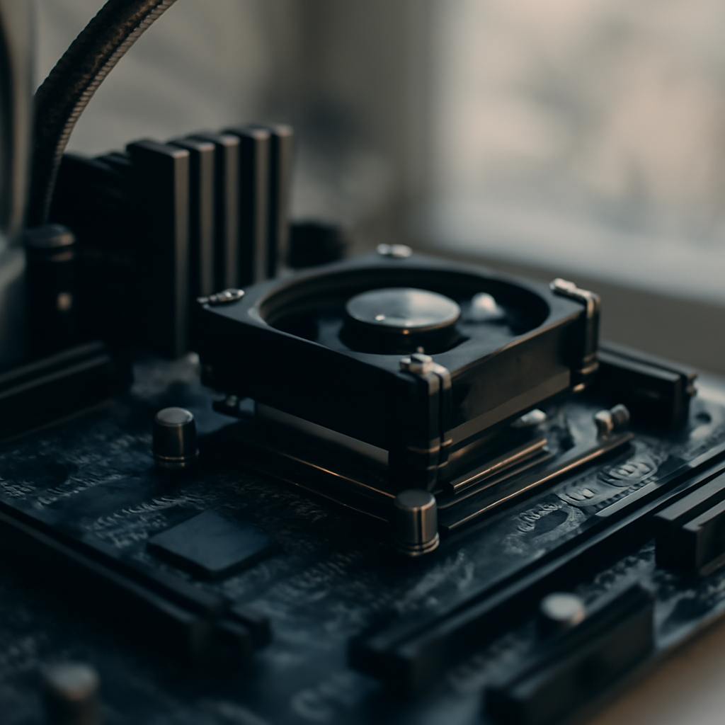 Close-up of Linux computer's internal components, focusing on motherboard and CPU.