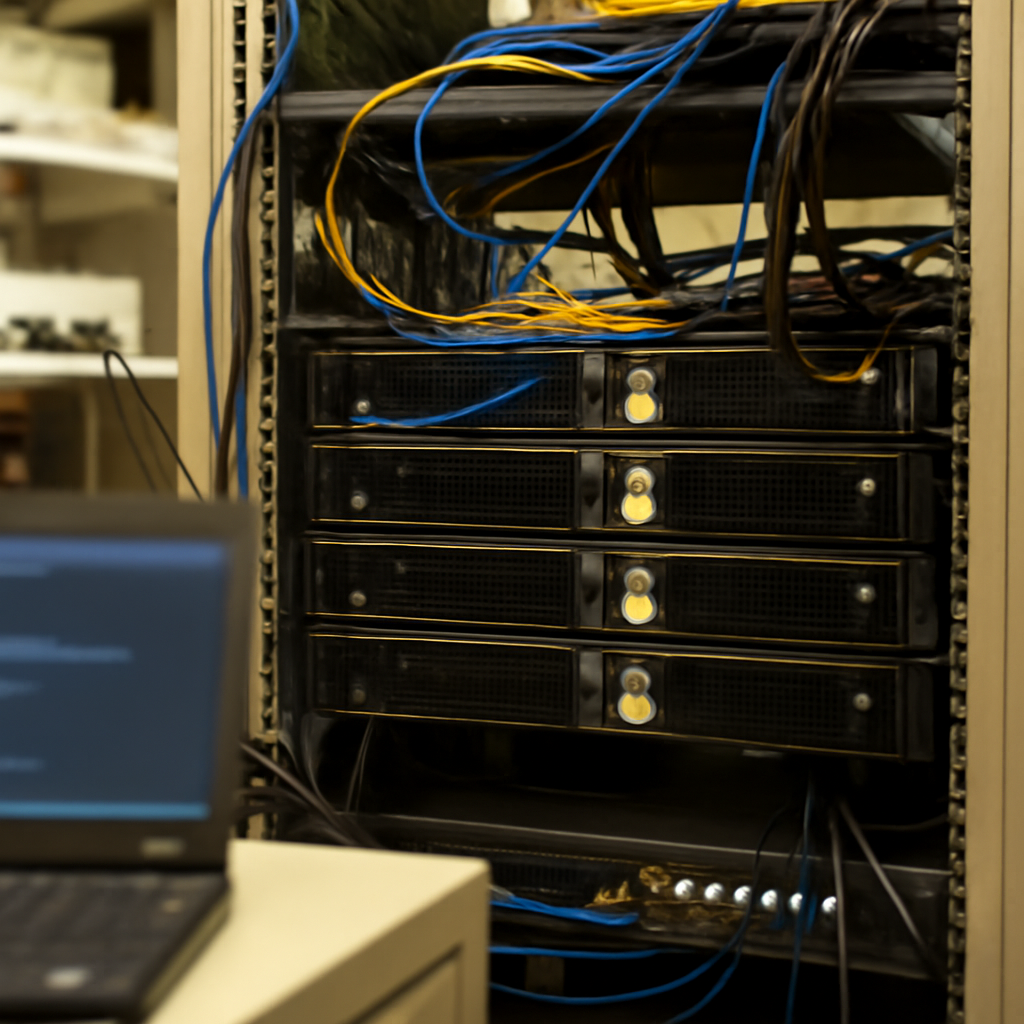Linux server room with rack-mounted servers, cables, and network equipment.