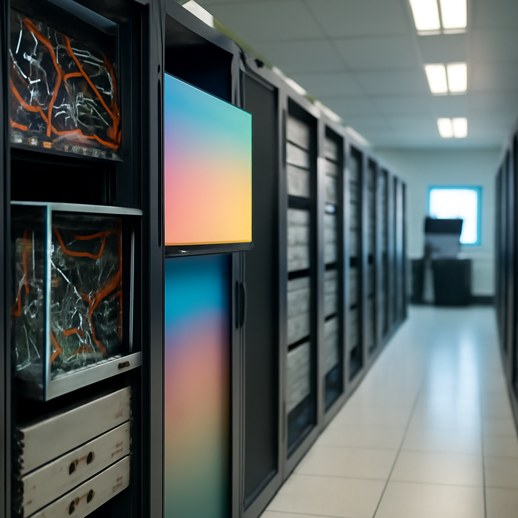 Server room interior with computer racks, cables, and partially pulled-out equipment.