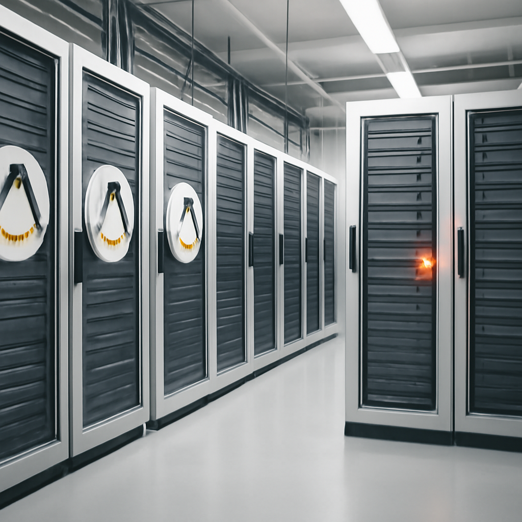 Rows of computer servers in a brightly-lit data center with a subtly highlighted component indicating a potential…