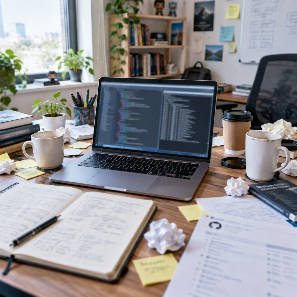 Cluttered home office with laptop and terminal window open, surrounded by papers and coffee cups.
