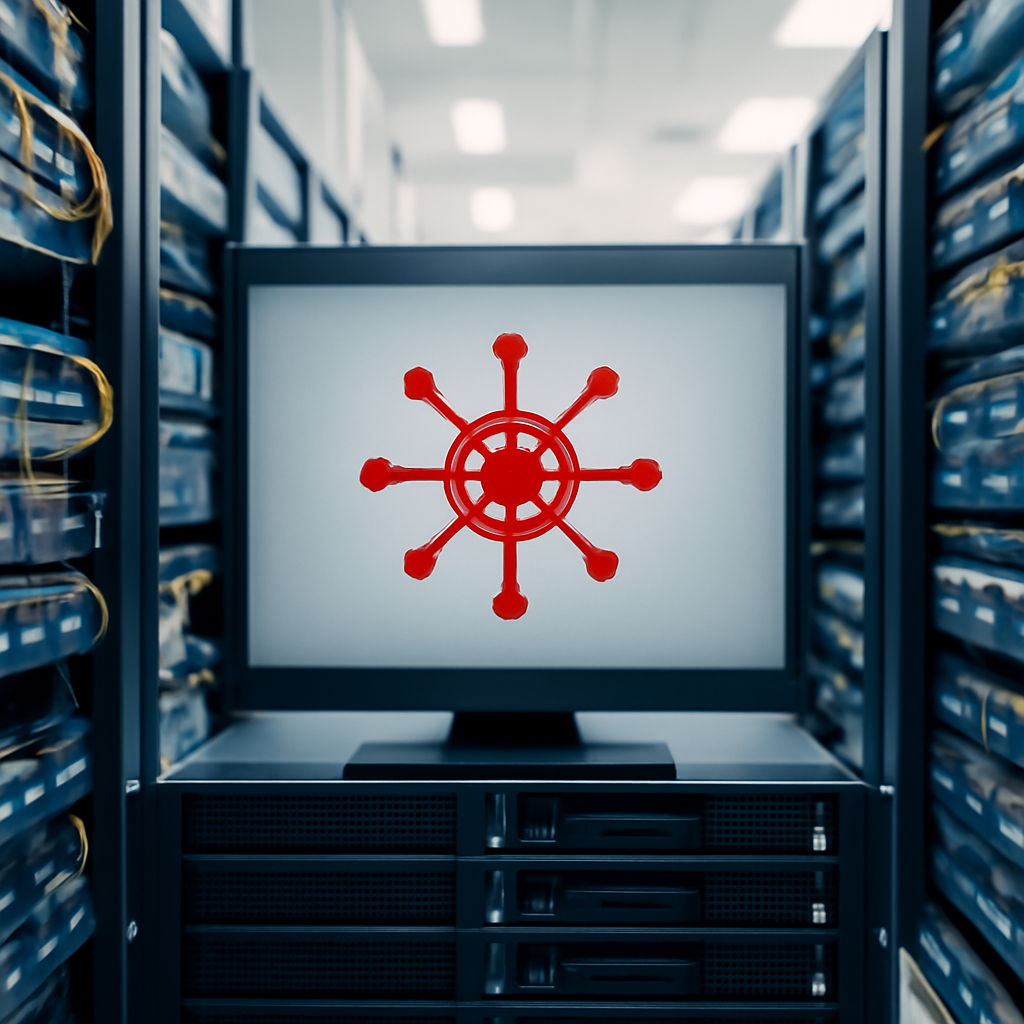 Rows of computer servers and networking equipment in a brightly-lit server room with a highlighted server in the foreground.