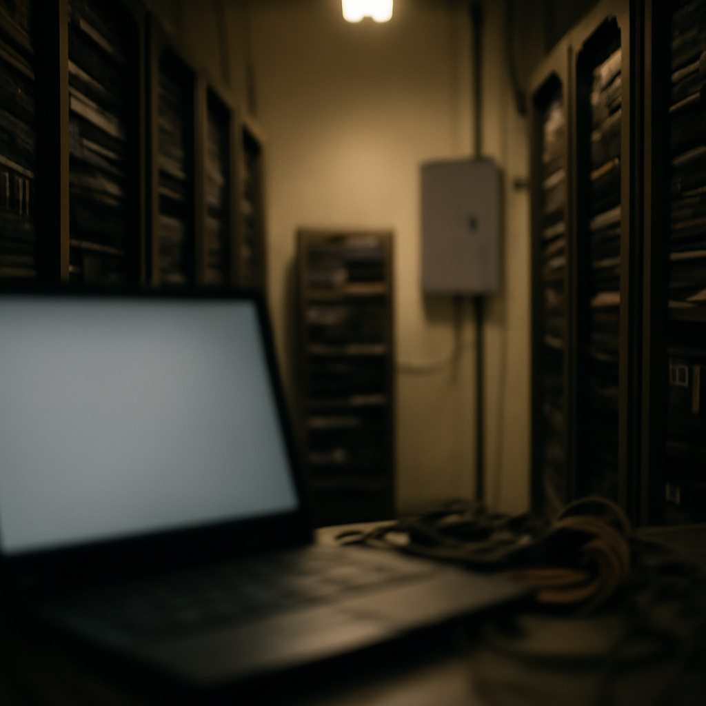 Dimly lit server room with rows of computer servers and networking equipment, and a blurred laptop screen in the foreground.