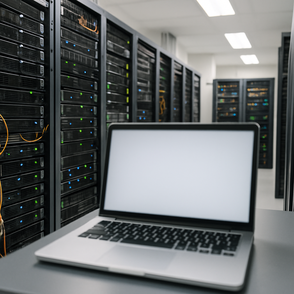Rows of computer servers and networking equipment with a single laptop screen in the foreground.