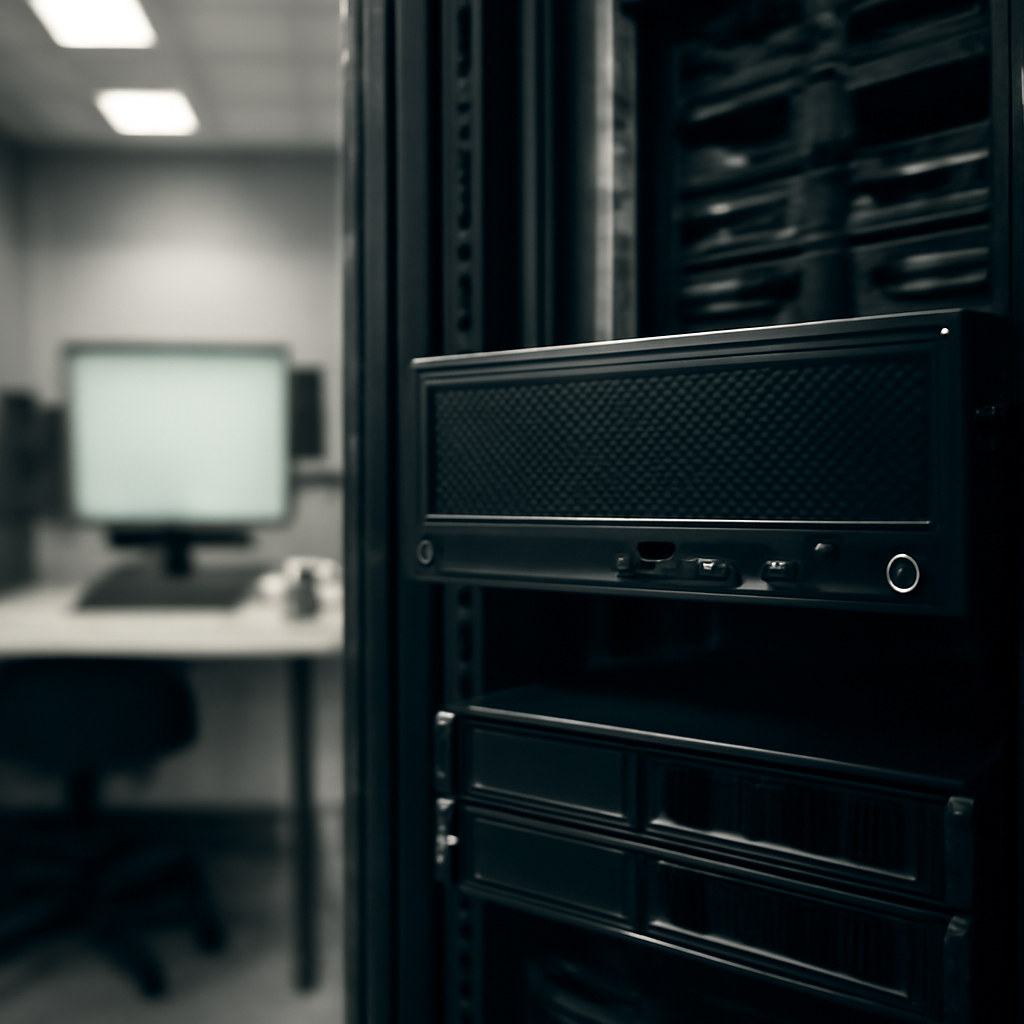 Server equipment sits in a dimly lit data center with ordinary indoor lighting.