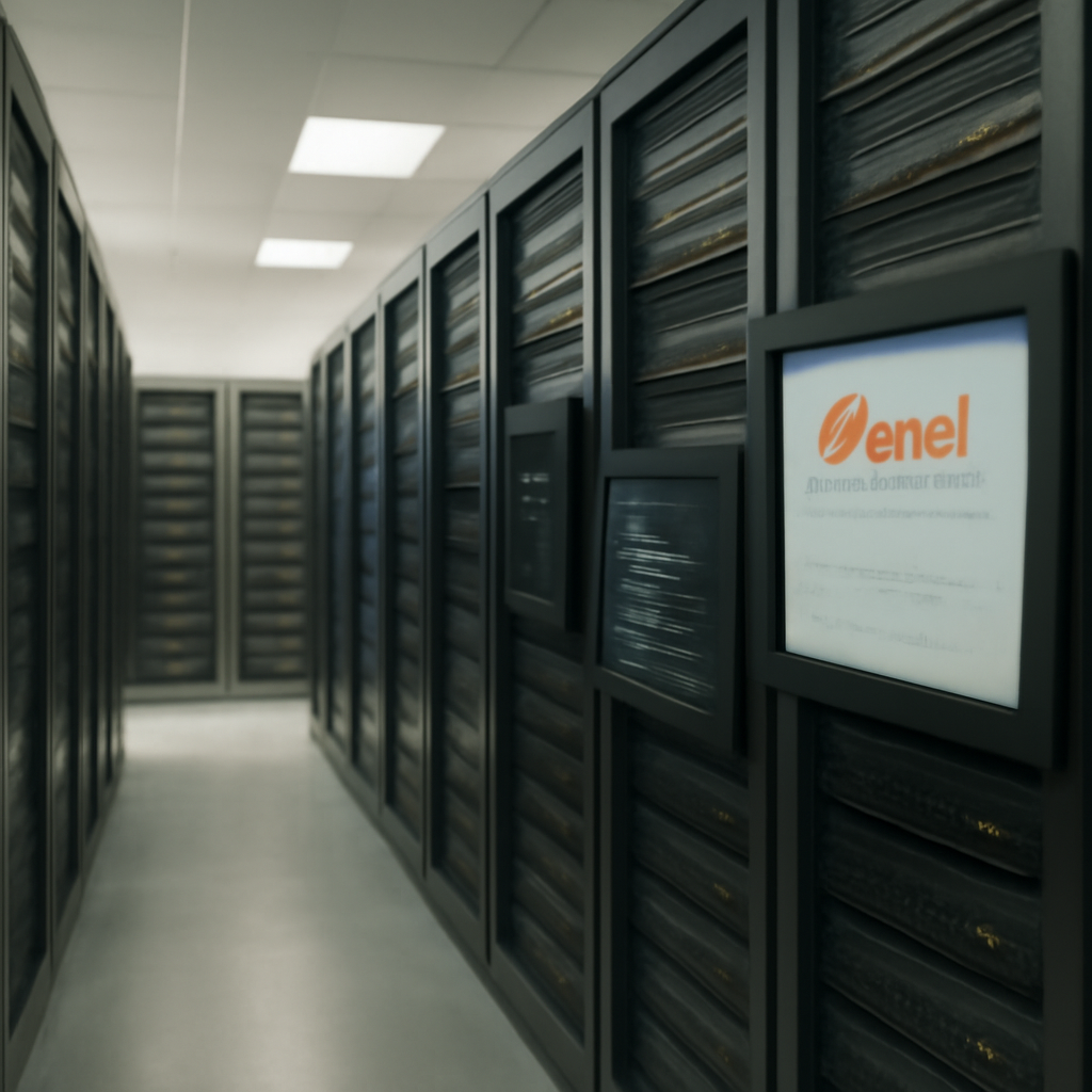 Rows of computer servers and storage equipment in a brightly-lit data center with a sense of urgency.