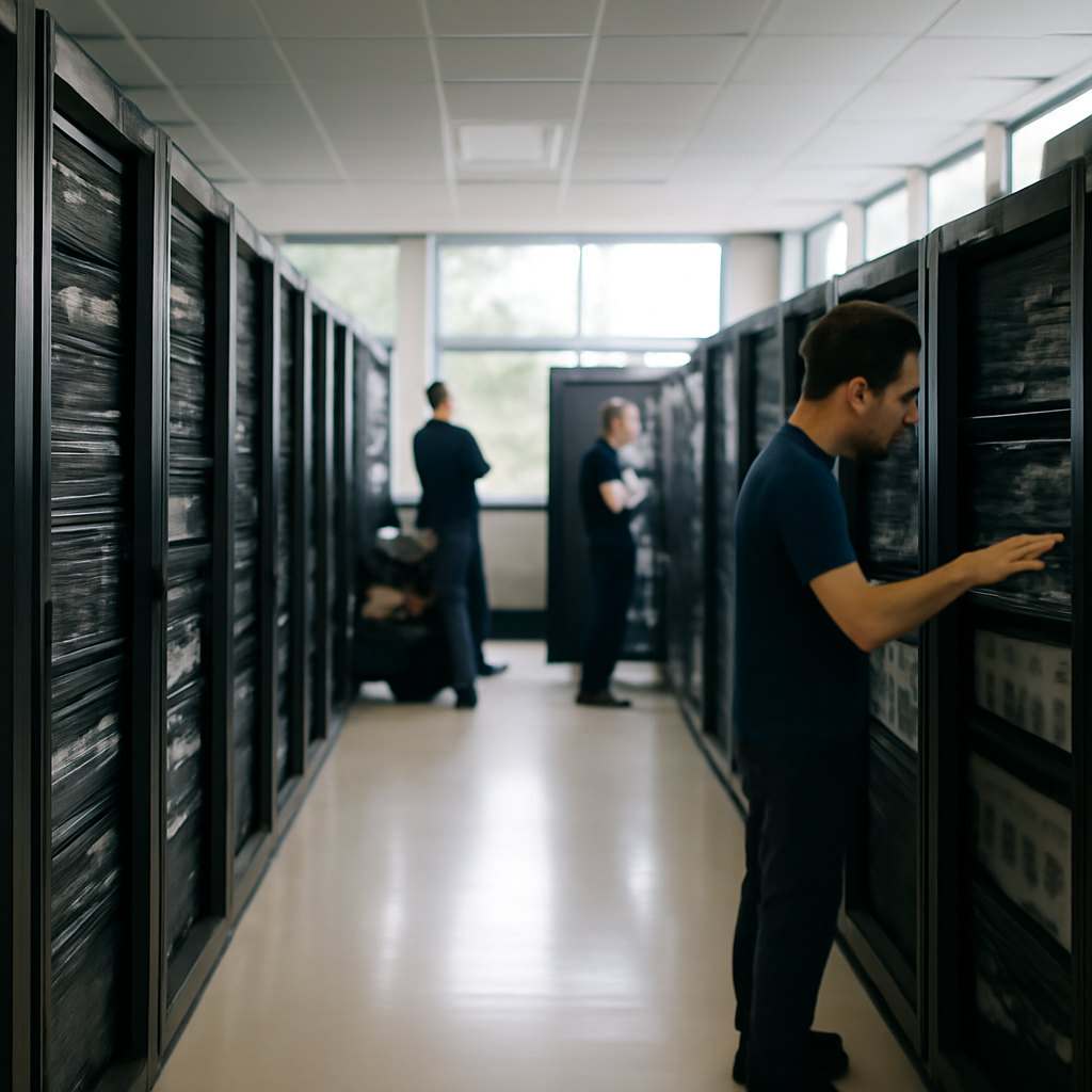 Rows of computer servers and storage units in a shared hosting server room with technicians in the background.
