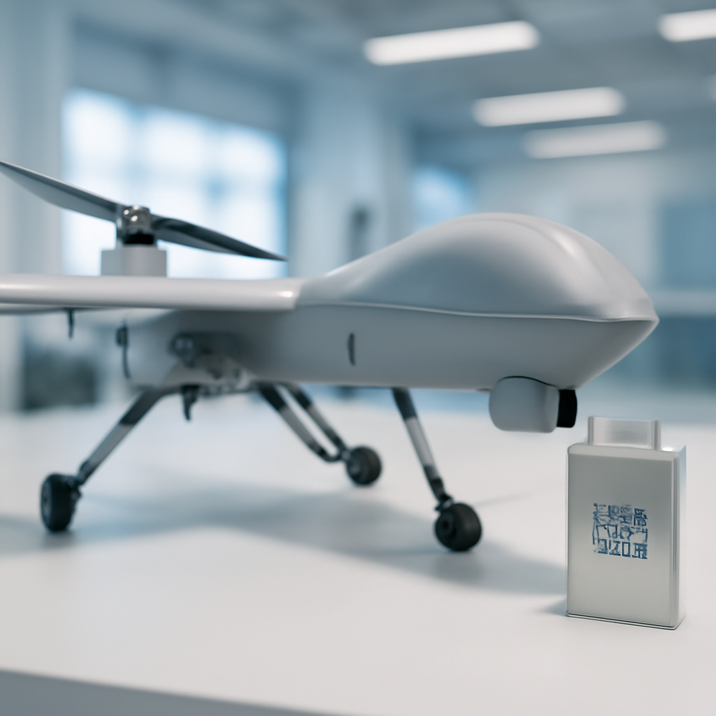 Large drone sits on workbench in lab with blurred background.