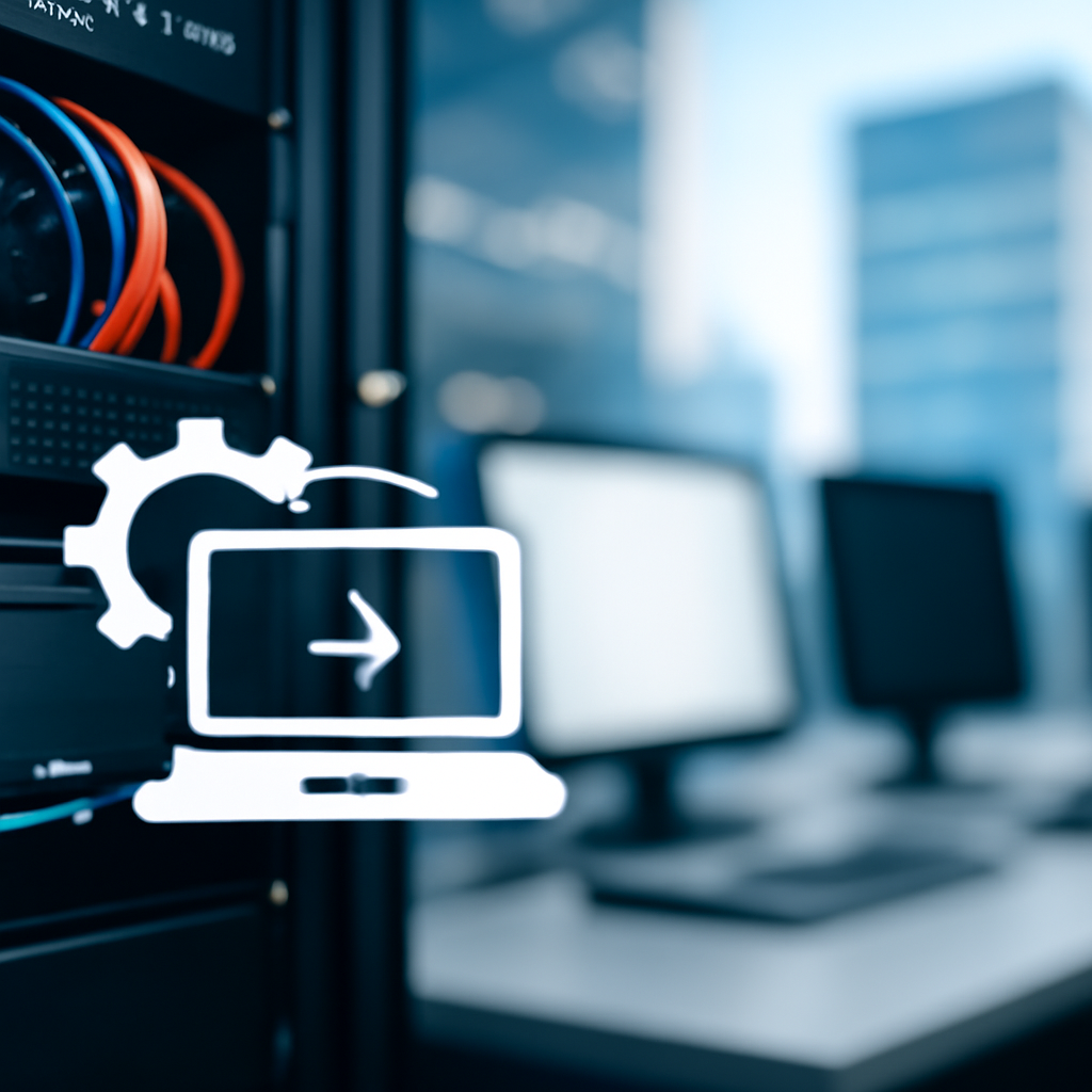 Automation symbol superimposed over network equipment and cables.