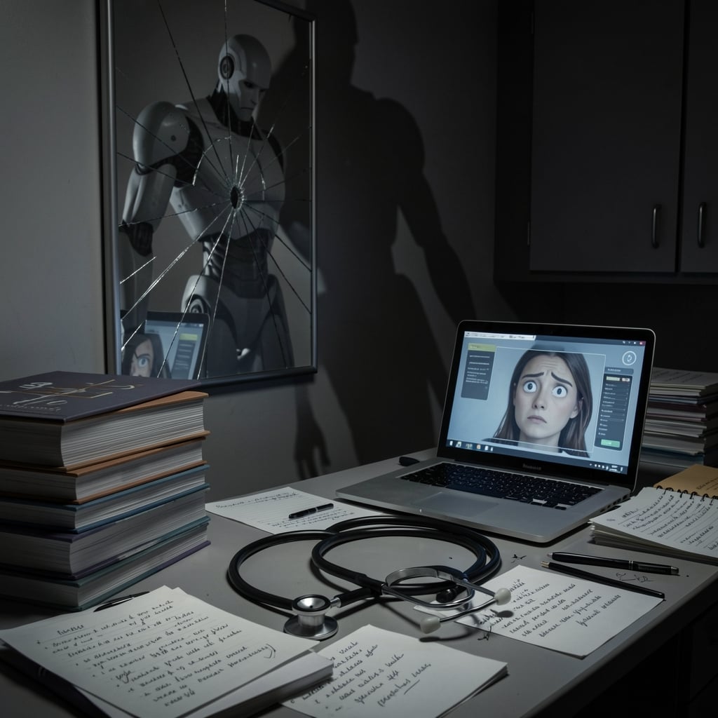 A broken stethoscope lies on a cluttered hospital desk surrounded by medical textbooks and a laptop with a puzzled patient…