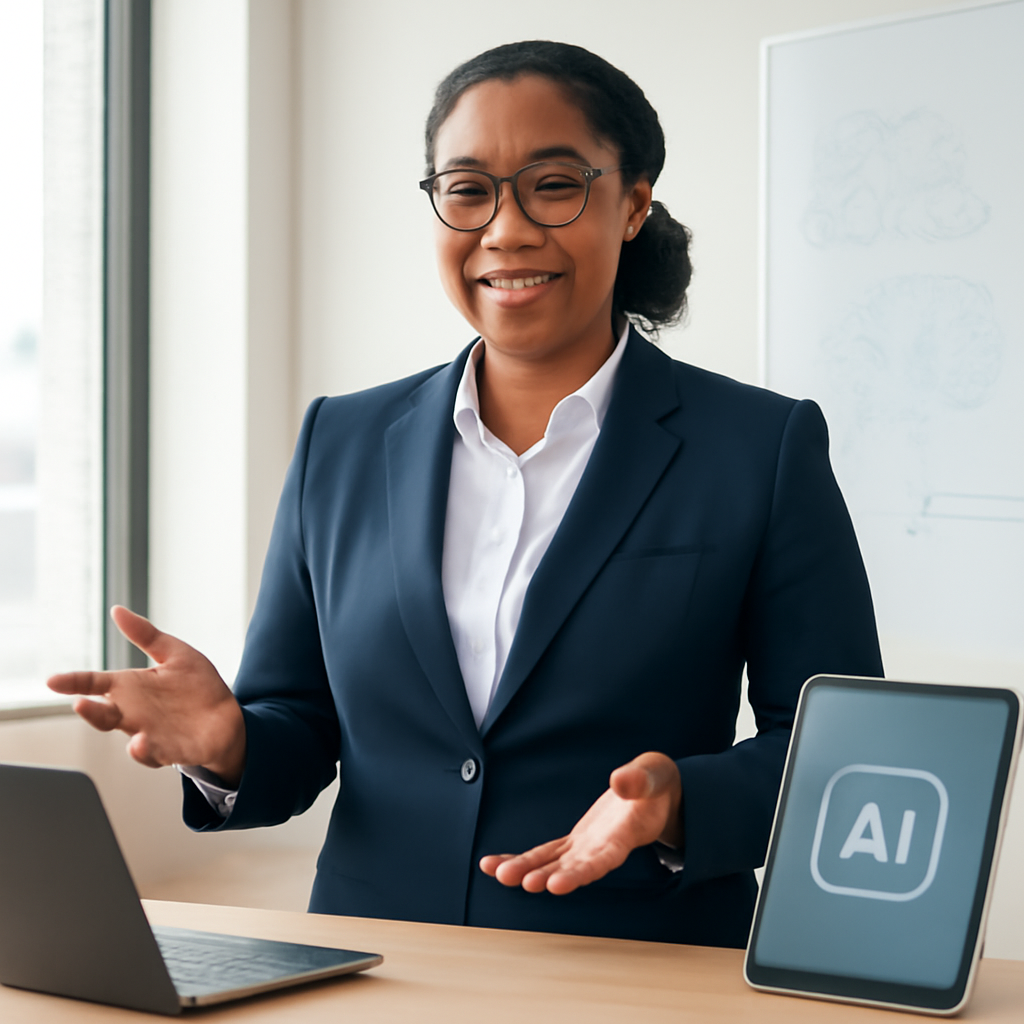 Banking professional stands in modern office surrounded by AI-related devices.
