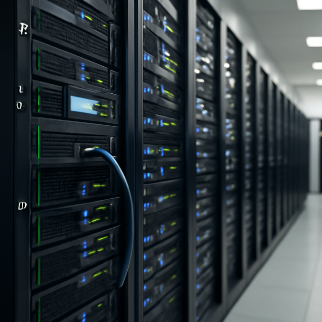 Rows of computer servers and networking equipment in a data center, with one server highlighted by a visible network cable.