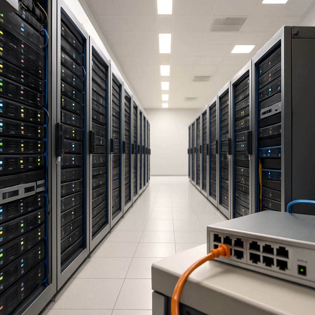 Rows of computer servers and networking equipment in a brightly-lit server room.