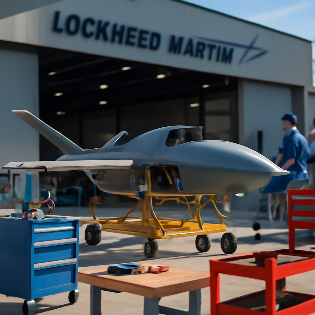 Partially assembled drone structure in industrial assembly area surrounded by tools and equipment.