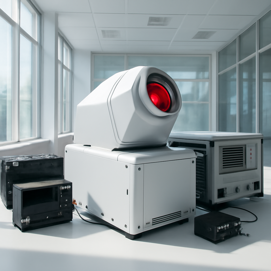 Futuristic laser defense system on a testing facility surface surrounded by technical equipment.