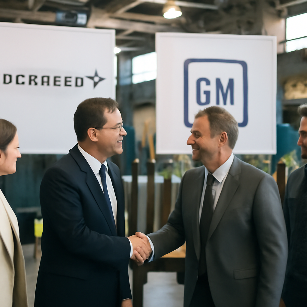 Lockheed and GM representatives meet in a conference room with industrial equipment and munitions components in the…