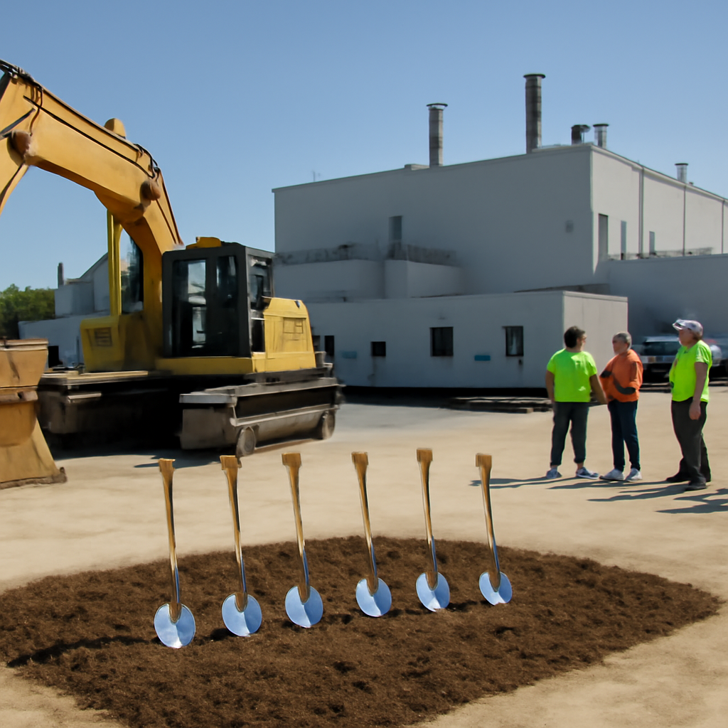Construction site with people in hard hats, ceremonial shovels, and equipment at a large industrial facility.