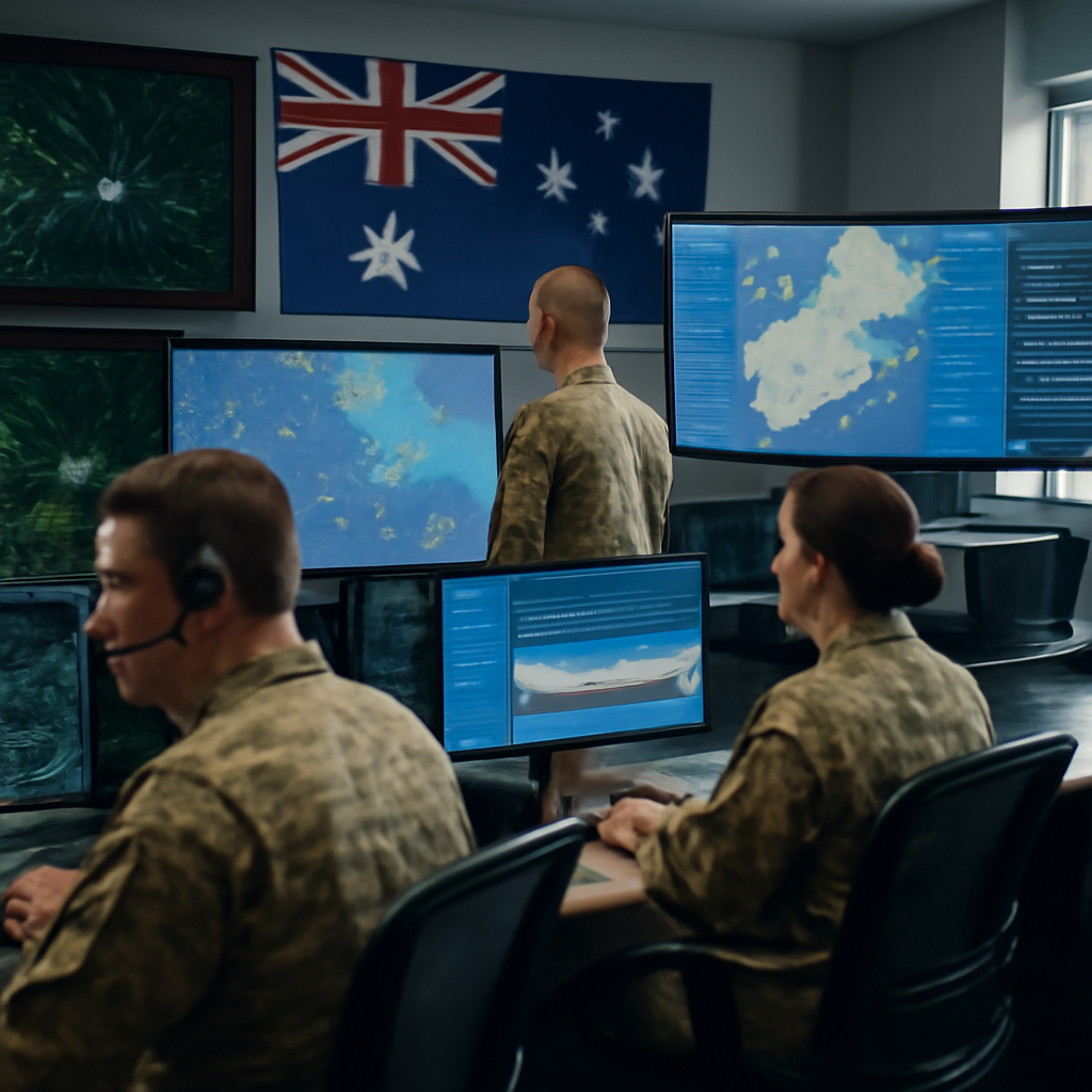 Australian air defense operations center with personnel working amidst large screens and communication systems.