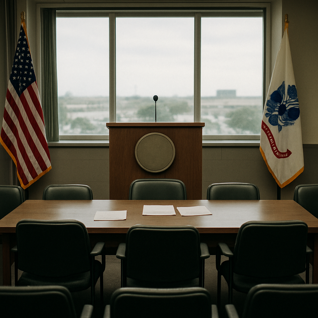 Empty chairs surround a podium with a blank emblem in a neutral briefing room.