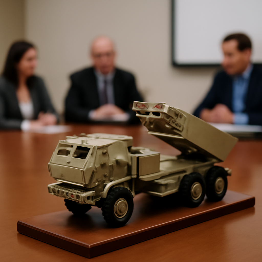 HIMARS launchers in production with technicians in the background.