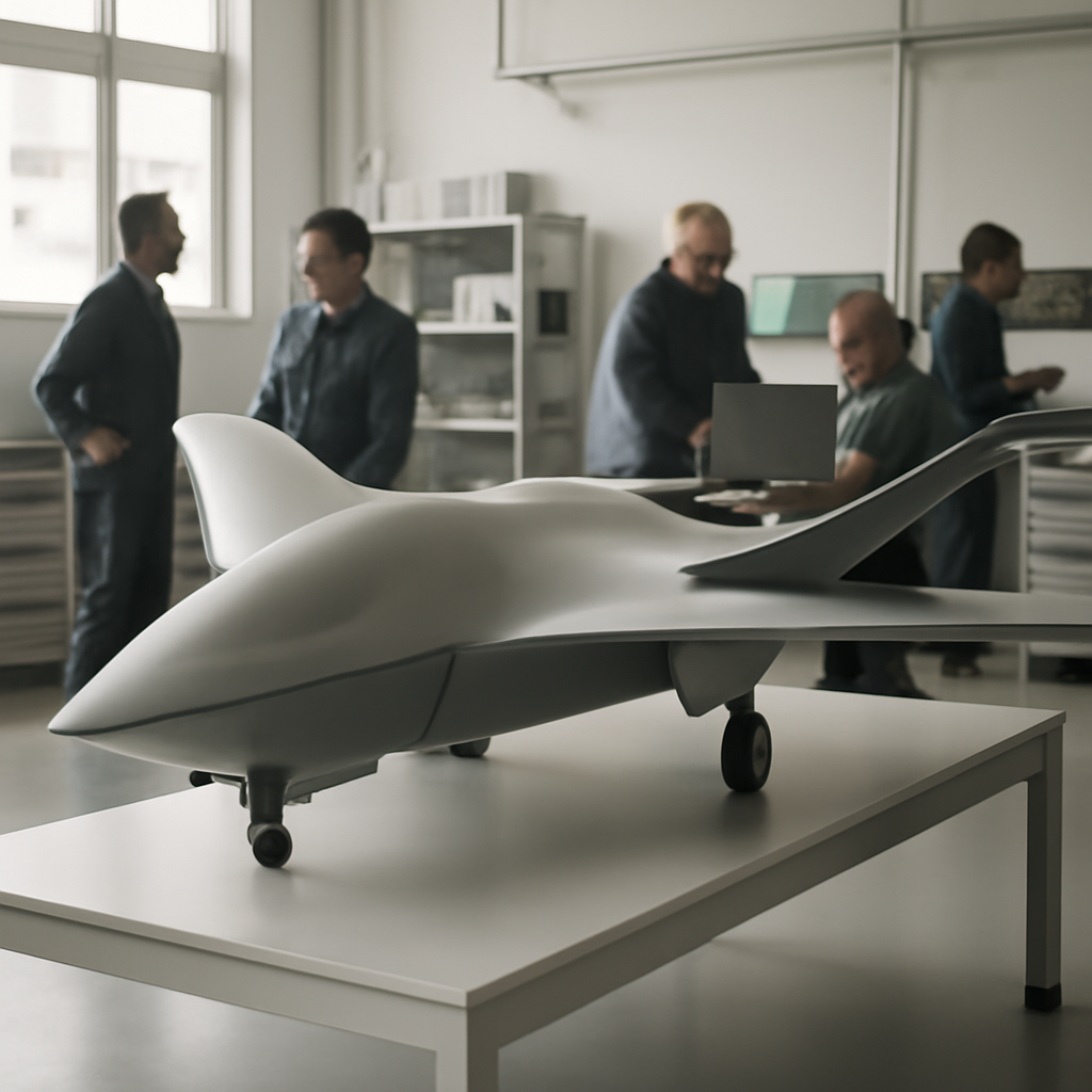 Lockheed Martin engineers surround a large scale model of the Vectis CCA drone, featuring a tailless lambda-wing design, on…