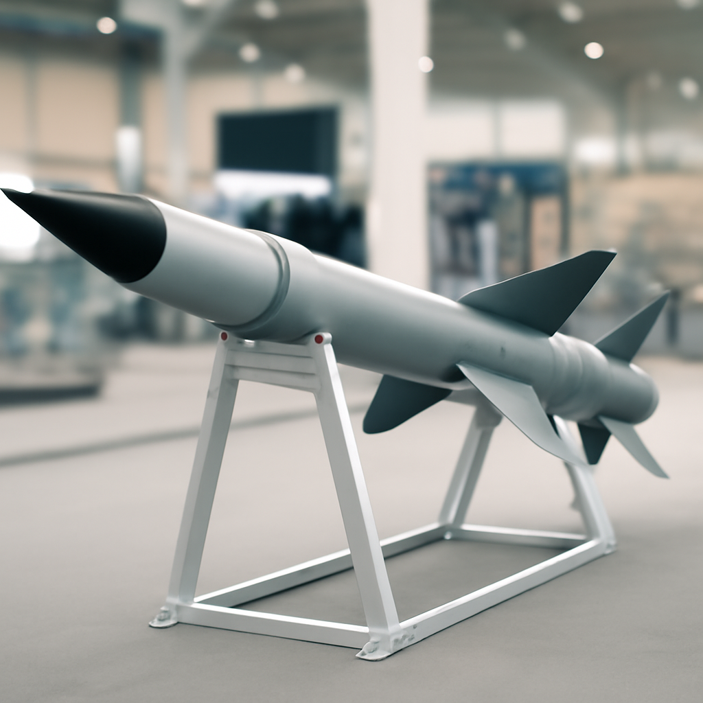 Modern missile on display stand against blurred exhibition hall background.