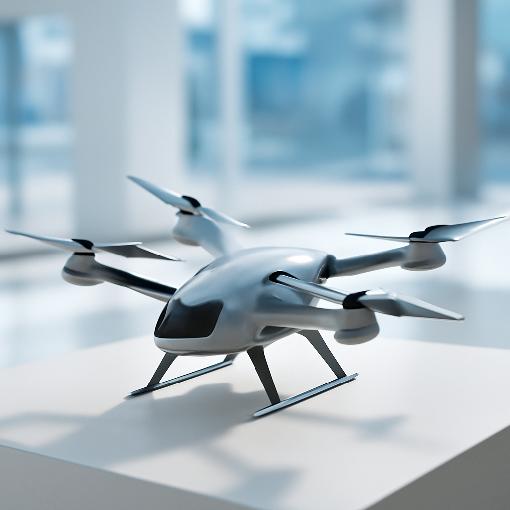 Sleek, futuristic drone displayed on pedestal in minimalist setting.