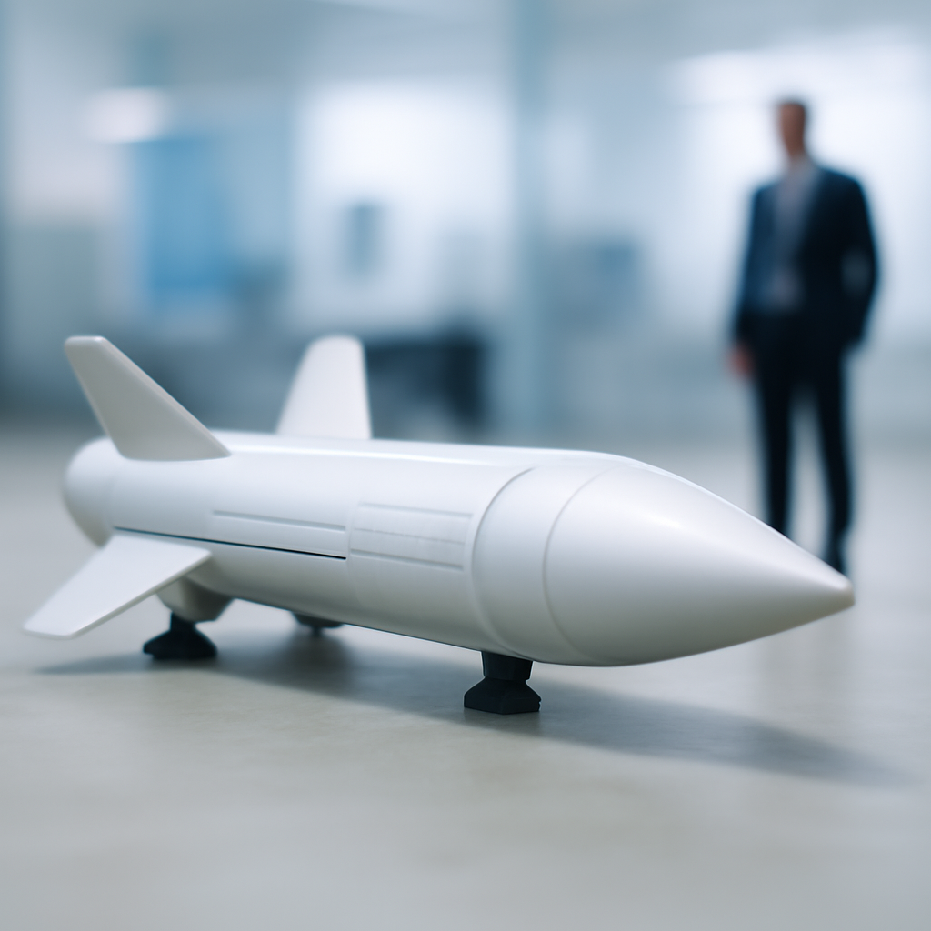 Futuristic missile interceptor on industrial surface with blurred background.