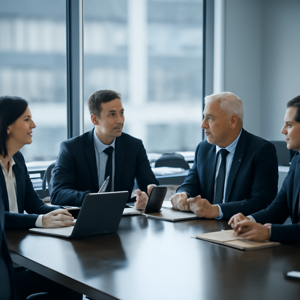 People discuss and take notes around a polished table in a modern conference room overlooking a cityscape.