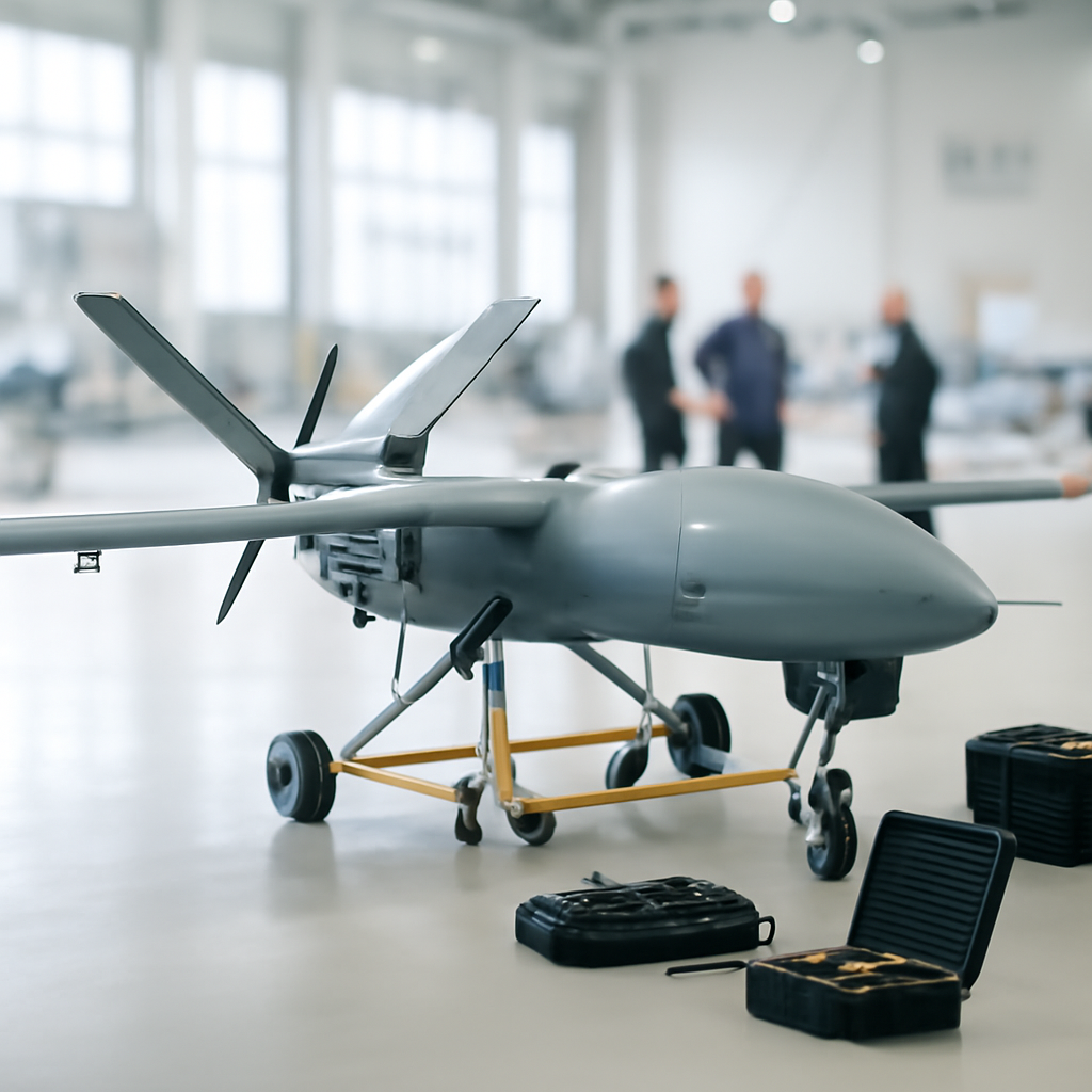 Technicians surround a combat drone on a maintenance stand, with tools and people in the background.