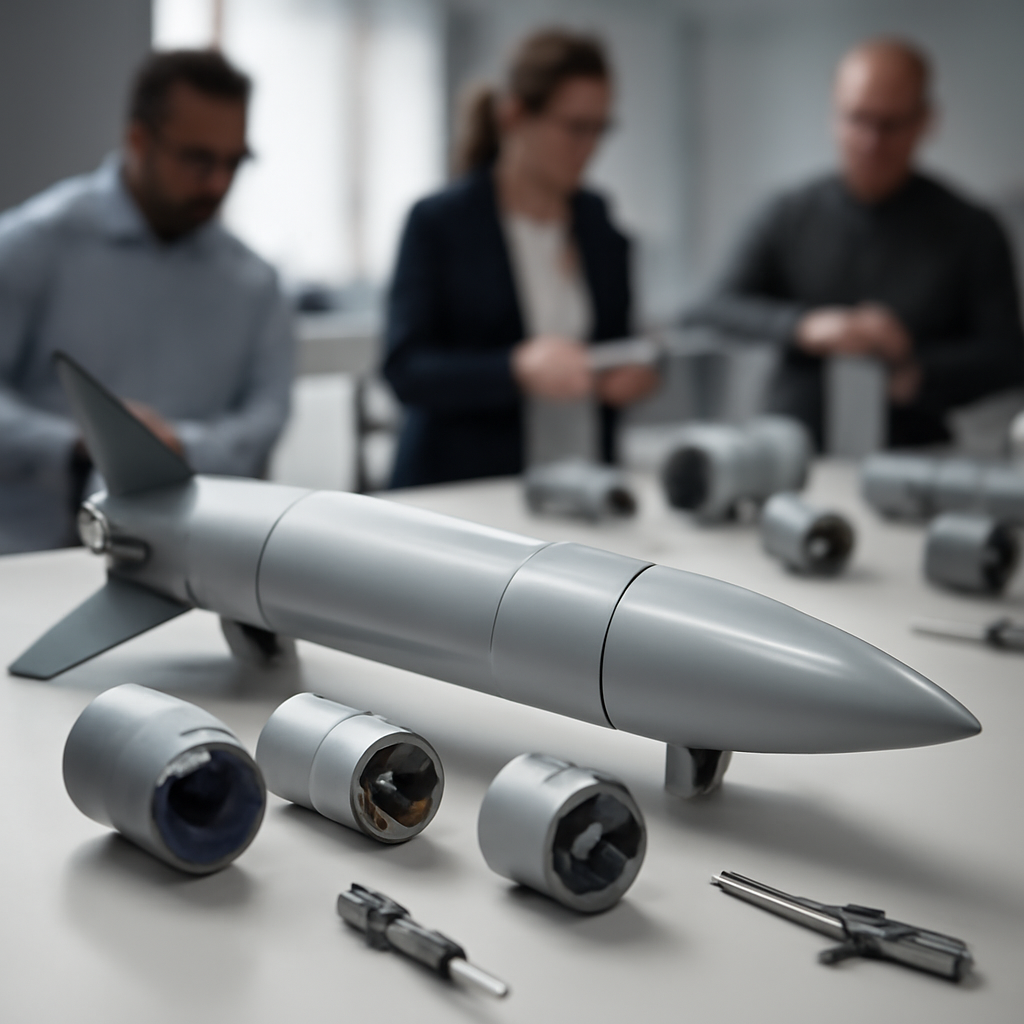 Modular missile airframe and interchangeable components on a laboratory bench.