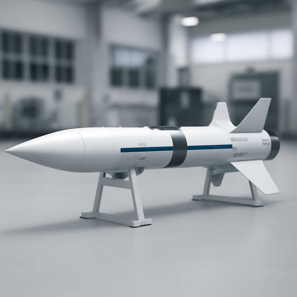 Modern missile interceptor displayed on a clean surface with blurred facility background.