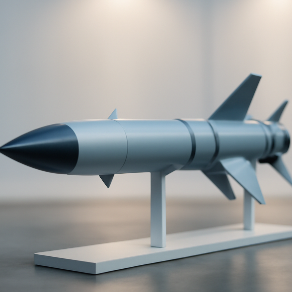 Sleek missile interceptor on display stand with blurred background.