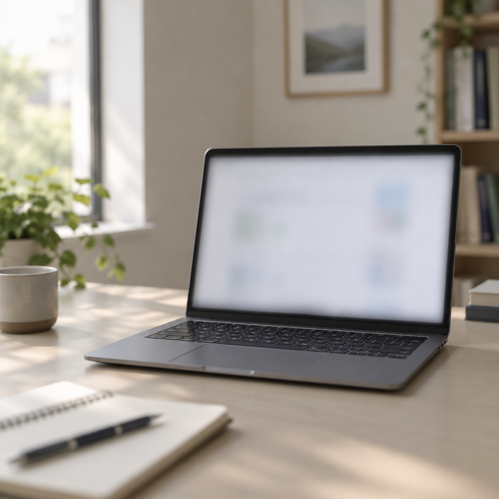 Laptop on a minimalist desk with soft natural light, screen blurred.