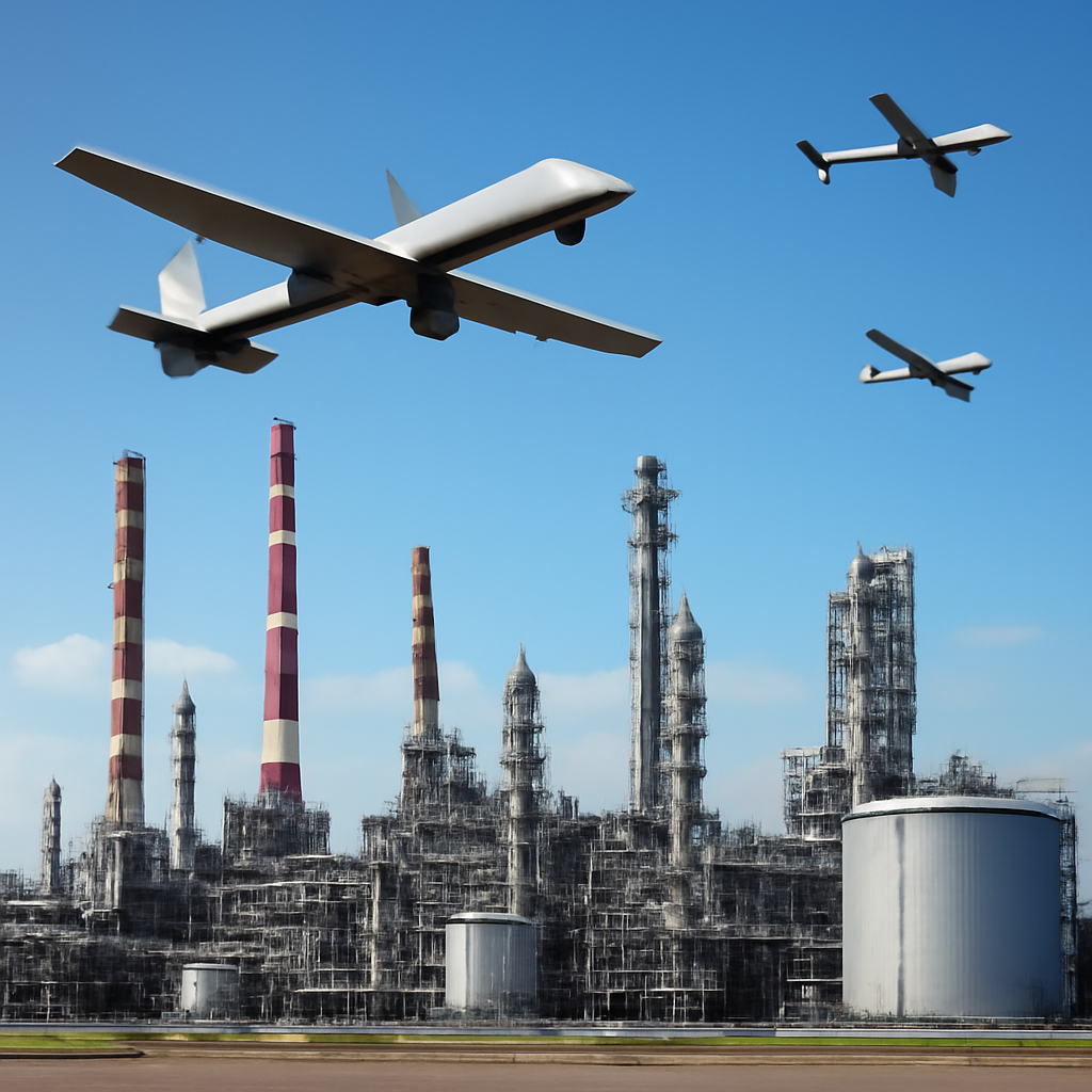 Drones fly over a large industrial refinery with smokestacks and storage tanks.