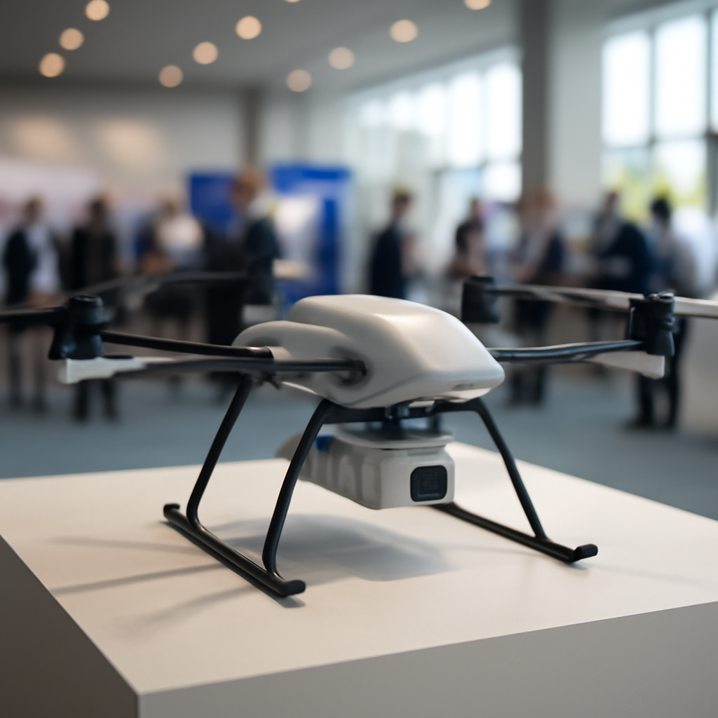 Sleek quadrotor drone on display at expo with clean, futuristic design.