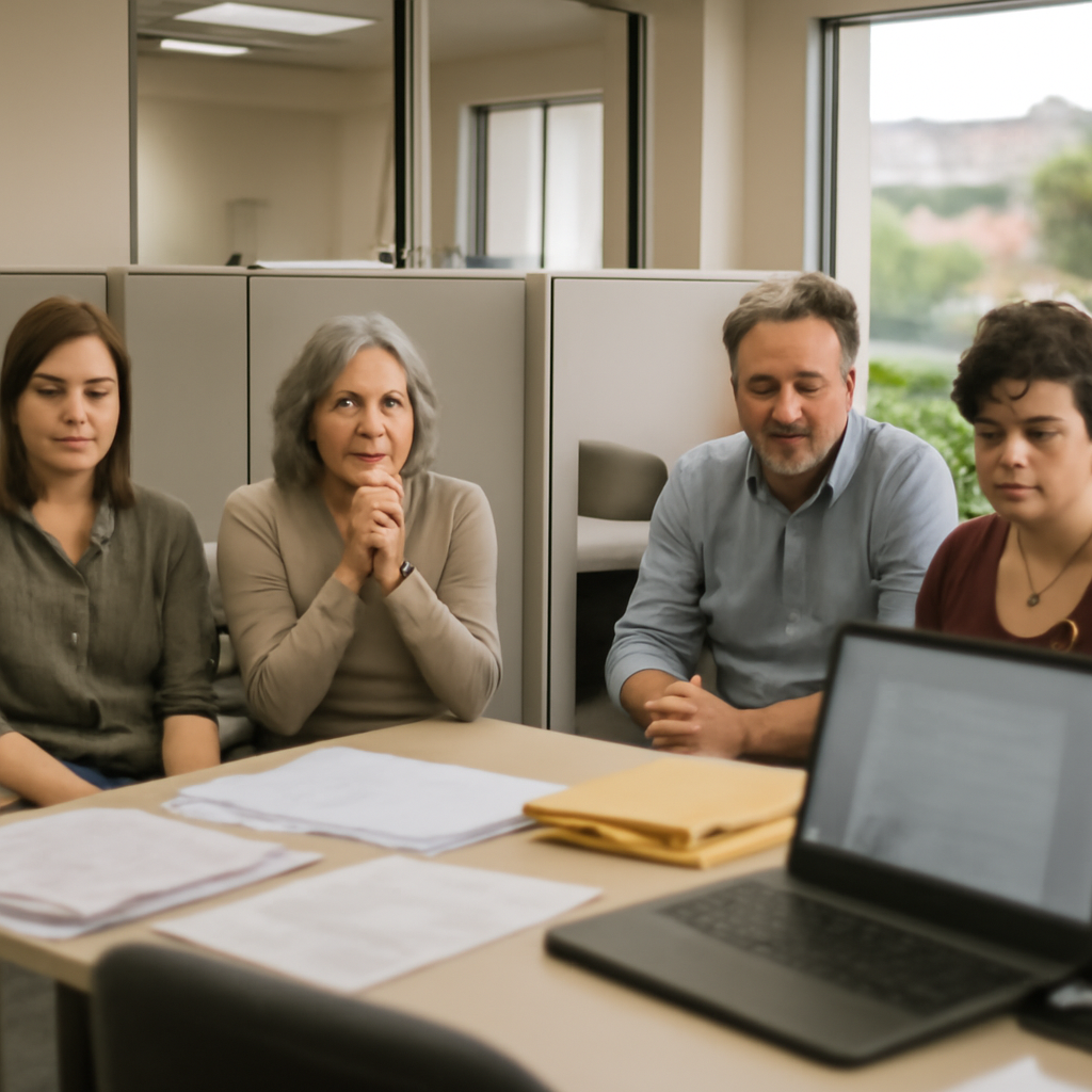 Concerned customers and staff in a utility company's office with scattered papers and a blurred computer screen.