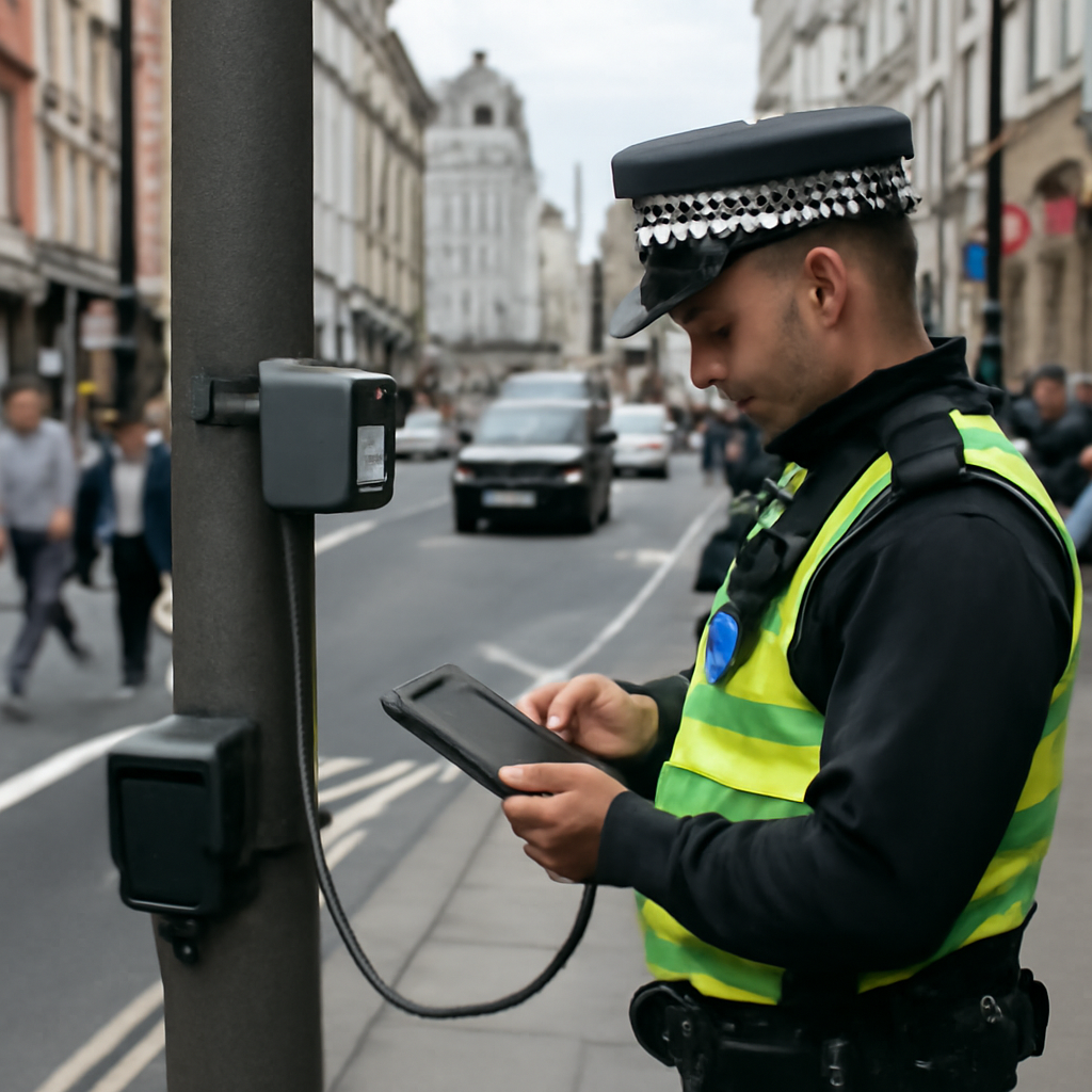 Police officer standing next to a lamppost with a small camera in a busy London street.