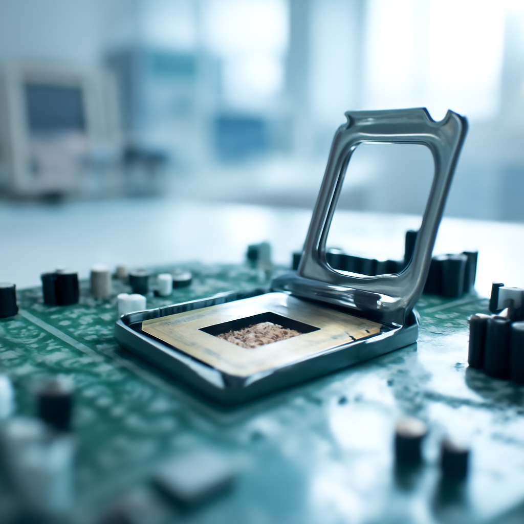 Close-up of a computer processor in a clean-room setting with blurred background and technical equipment.