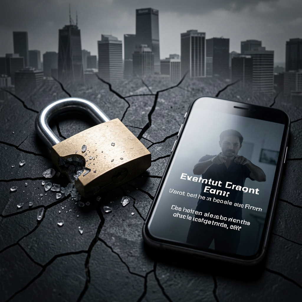 Shattered padlock on cracked digital surface with error message and accusatory finger in background.
