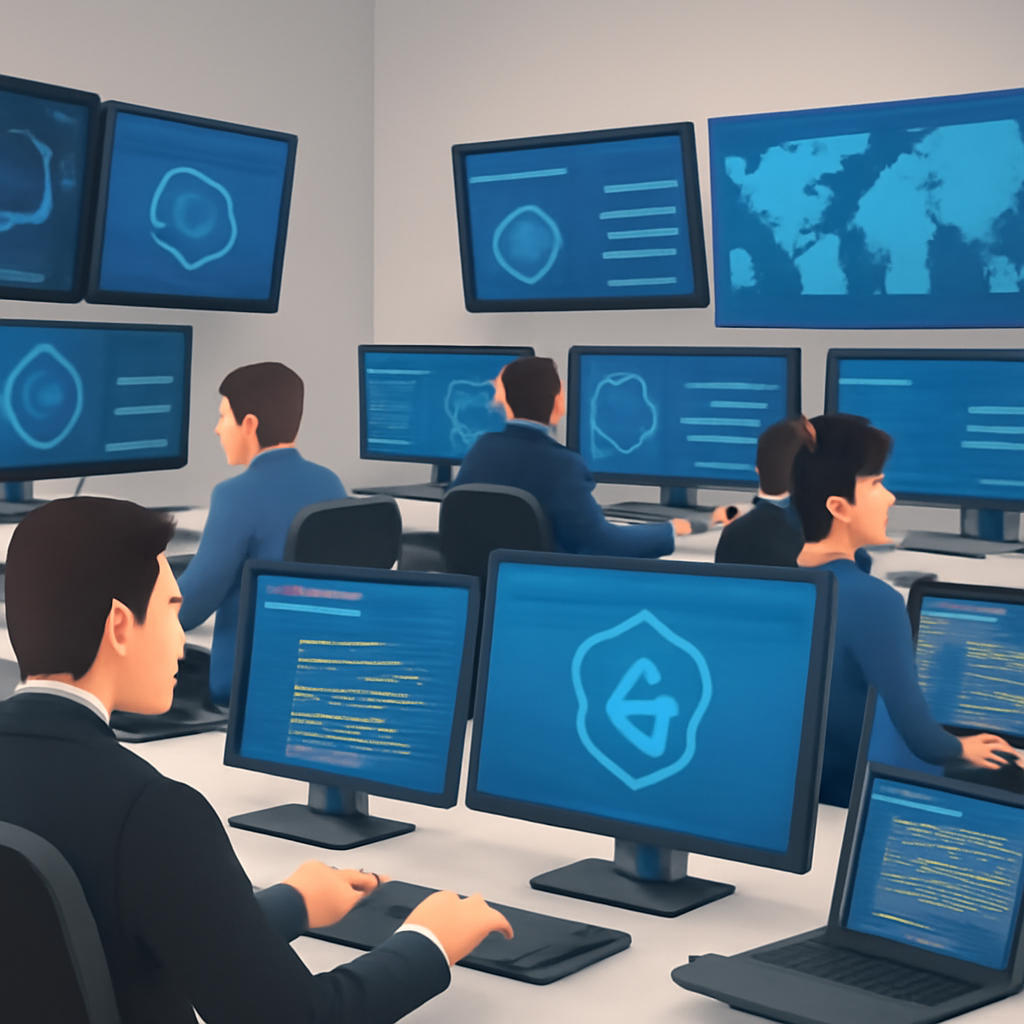 Security analysts work at desks in a brightly-lit operations center surrounded by multiple screens and computer equipment.