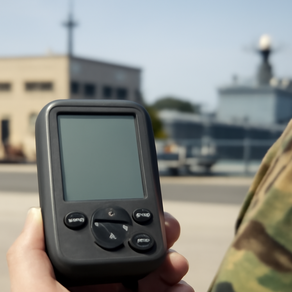 A generic military facility with a sleek electronic device in the foreground.