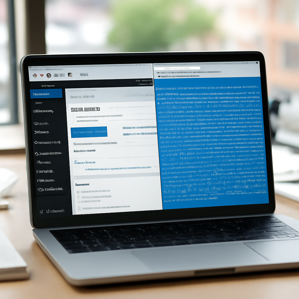 Laptop screen shows a WordPress backend dashboard with a compromised website's source code on a messy desk.