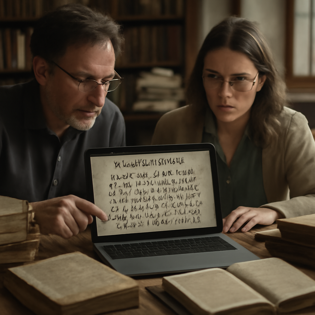 Researchers surrounded by old books and manuscripts use a computer to display a decrypted medieval cipher in a library…