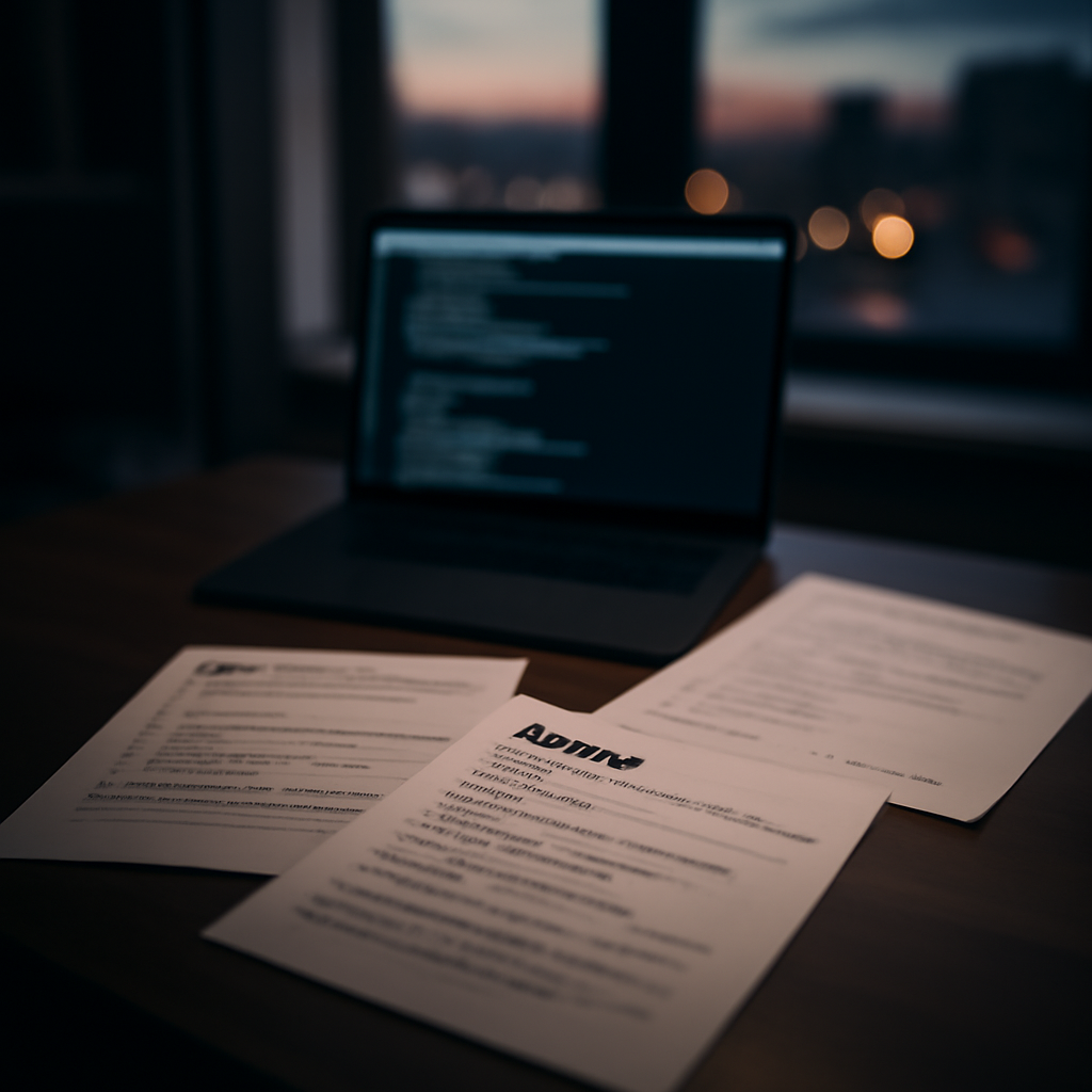 Cluttered developer's workspace with laptop and GitHub notes in dim light.