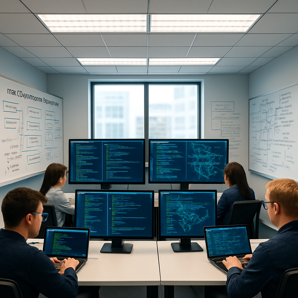 Security analysts work at desks with laptops and monitors displaying code and system maps in a brightly-lit operations…