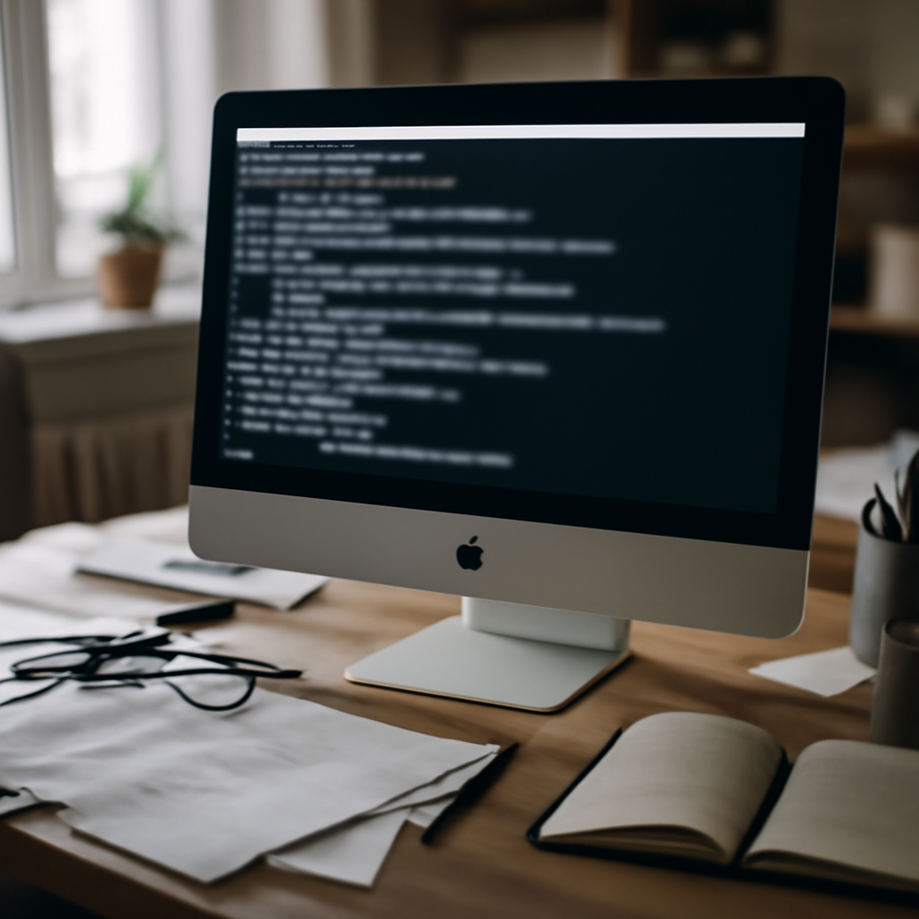 Mac computer on cluttered desk with Terminal app open, displaying blurred commands.