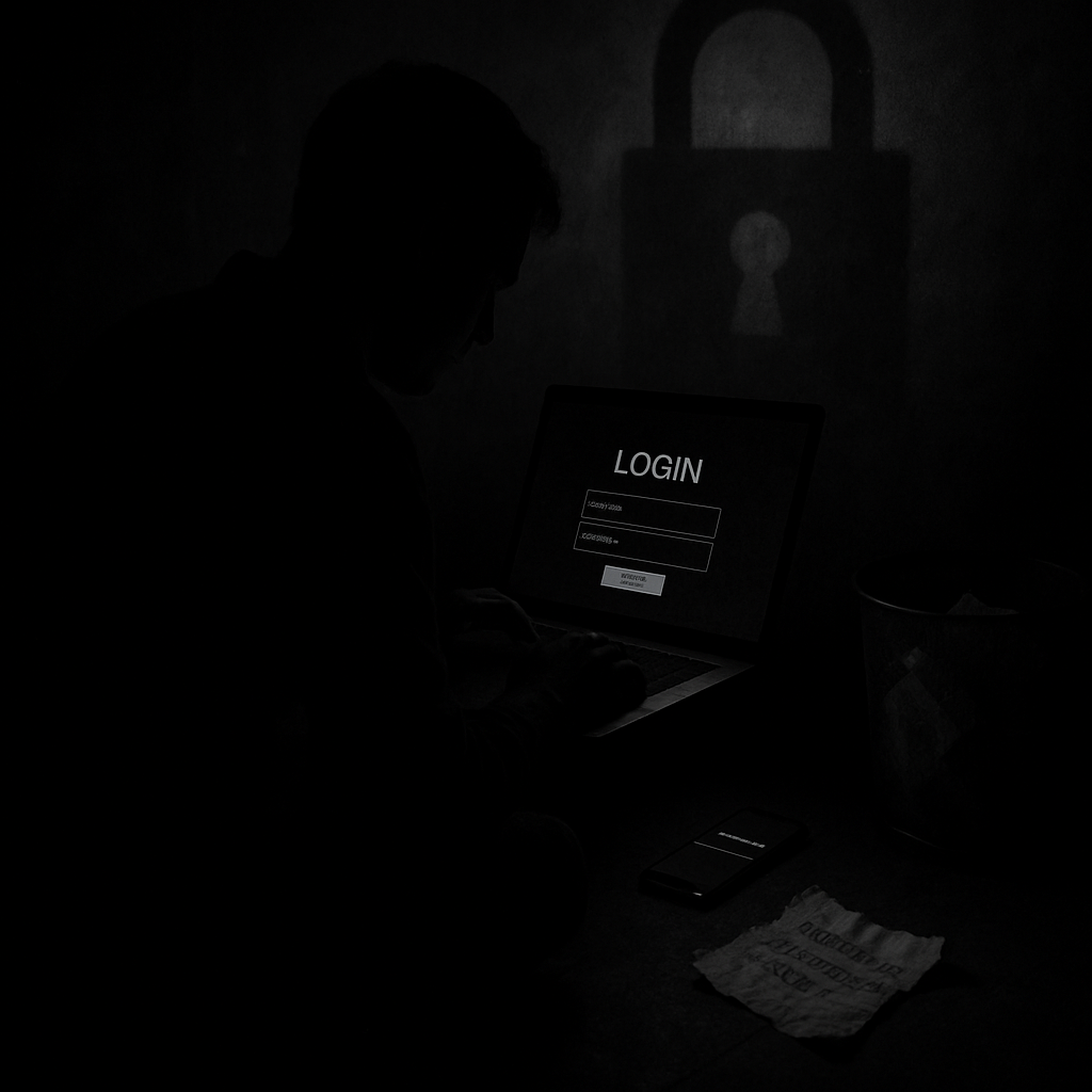 Person sitting in dark room with laptop showing fake login prompt and nearby smartphone and torn paper with credentials.