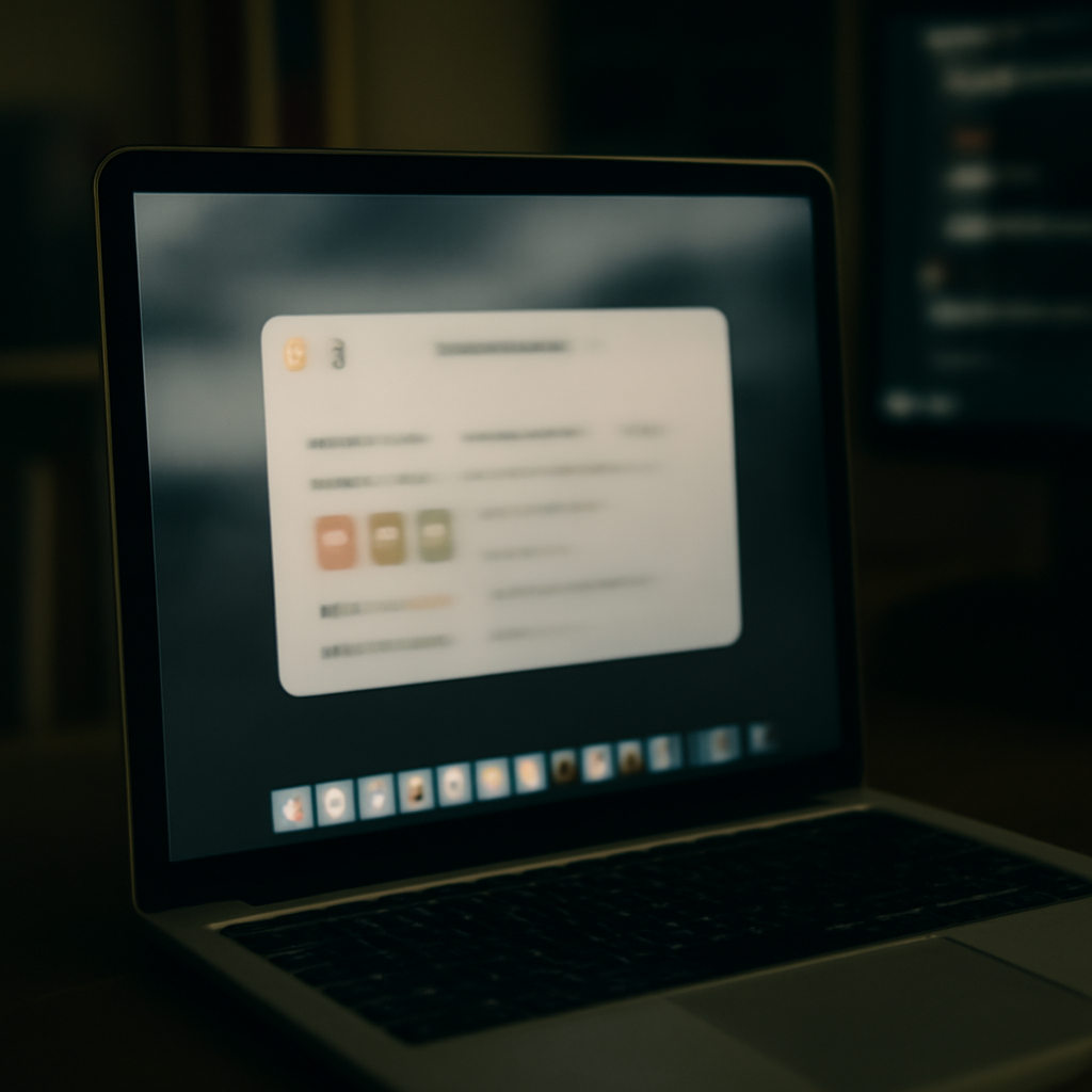 Close-up of laptop screen with blurred macOS interface and subtle coding environment hints.